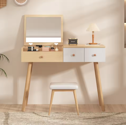Moderne Houten Kaptafel met Spiegel, 3 Lades en Opbergvakken