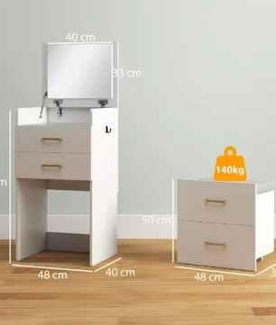 3-in-1 Kaptafel met Spiegel, Nachtkastje en Rolkruk met Lades