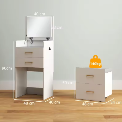 3-in-1 Kaptafel met Spiegel, Nachtkastje en Rolkruk met Lades