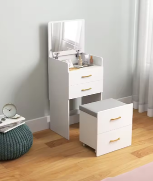 3-in-1 Kaptafel met Spiegel, Nachtkastje en Rolkruk met Lades