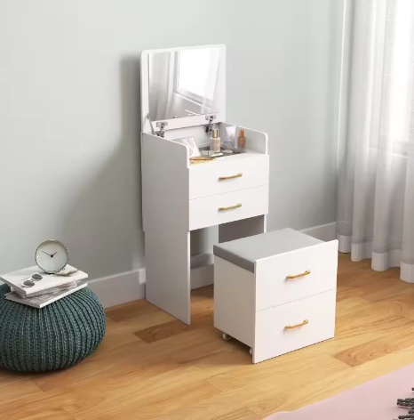 3-in-1 Kaptafel met Spiegel, Nachtkastje en Rolkruk met Lades