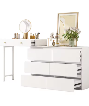 Kaptafel met Uitschuifbare Zijkasten, 3 Niveaus en 6 Lades
