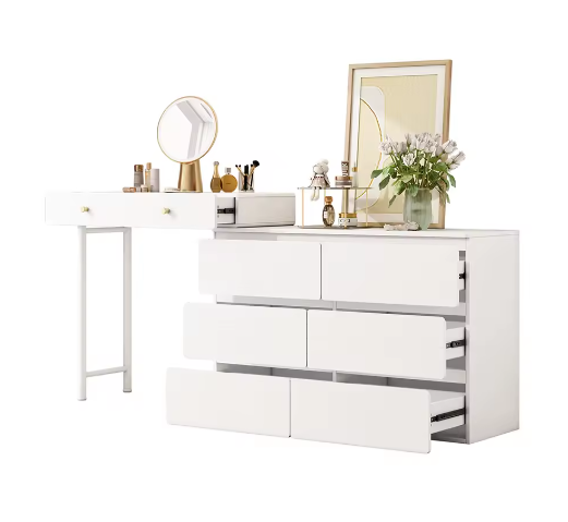 Kaptafel met Uitschuifbare Zijkasten, 3 Niveaus en 6 Lades