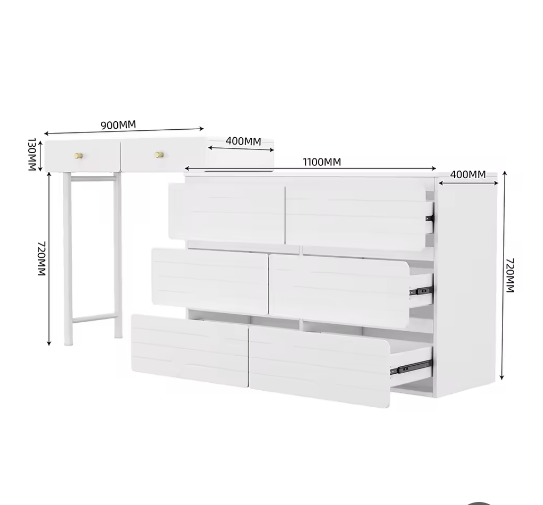 Kaptafel met Uitschuifbare Zijkasten, 3 Niveaus en 6 Lades