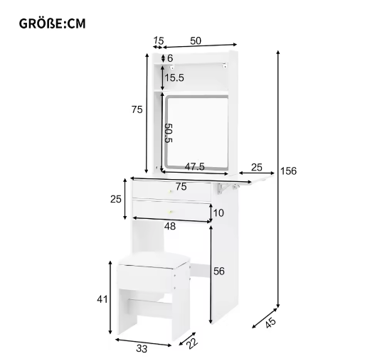 Kleine Make-uptafel met Verstelbare LED-Verlichting en Opklapbaar Tafelblad