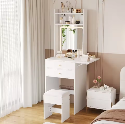 Kleine Make-uptafel met Verstelbare LED-Verlichting en Opklapbaar Tafelblad