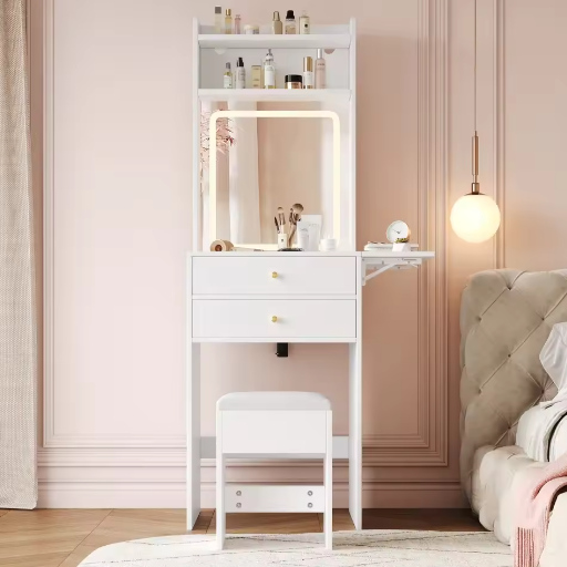 Kleine Make-uptafel met Verstelbare LED-Verlichting en Opklapbaar Tafelblad
