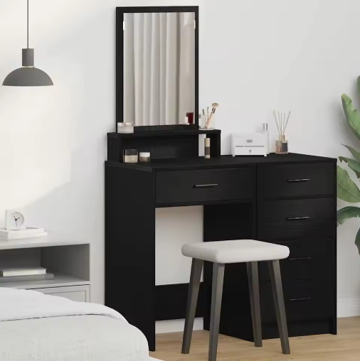 Elegante Make-up Kaptafel van Zwart Eikenhout met Spiegel en Lade
