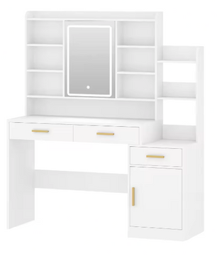 Kaptafel met LED-Spiegel, Instelbare Verlichting, Laden en Kast