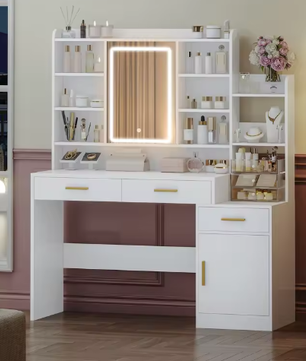 Kaptafel met LED-Spiegel, Instelbare Verlichting, Laden en Kast