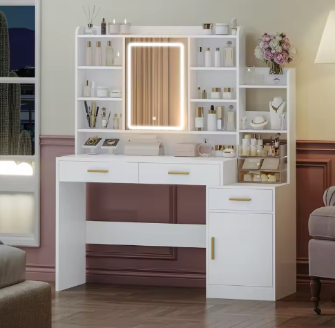 Kaptafel met LED-Spiegel, Instelbare Verlichting, Laden en Kast