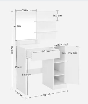 Kaptafel met Spiegel, Opbergvak en 2 Planken – Wit