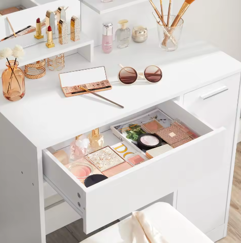 Kaptafel met Spiegel, Opbergvak en 2 Planken – Wit