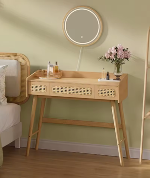 Boho Kaptafel met Verlichte Spiegel en 3 Lades in Rotanlook