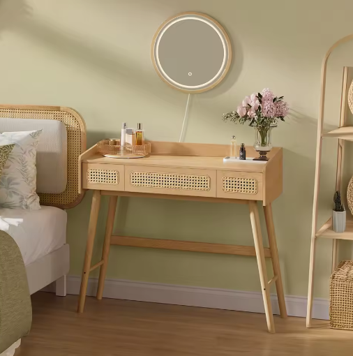 Boho Kaptafel met Verlichte Spiegel en 3 Lades in Rotanlook