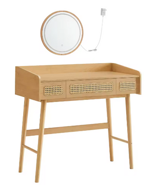 Boho Kaptafel met Verlichte Spiegel en 3 Lades in Rotanlook