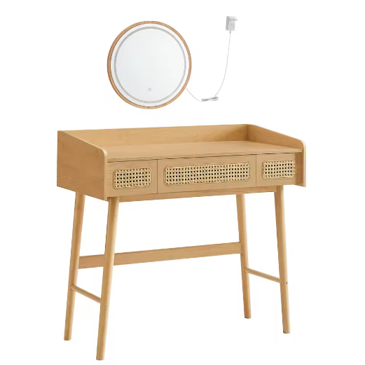 Boho Kaptafel met Verlichte Spiegel en 3 Lades in Rotanlook