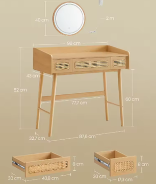 Boho Kaptafel met Verlichte Spiegel en 3 Lades in Rotanlook