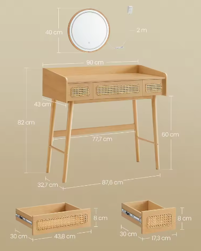 Boho Kaptafel met Verlichte Spiegel en 3 Lades in Rotanlook