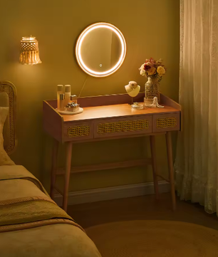 Boho Kaptafel met Verlichte Spiegel en 3 Lades in Rotanlook