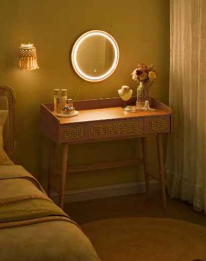 Boho Kaptafel met Verlichte Spiegel en 3 Lades in Rotanlook