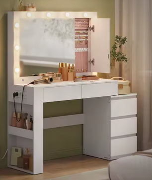 Kaptafel met LED-verlichting – Spiegel, Sieradenkast en Stopcontactstrip, 40x125x140cm