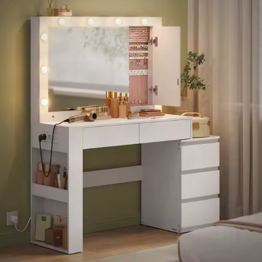 Kaptafel met LED-verlichting – Spiegel, Sieradenkast en Stopcontactstrip, 40x125x140cm
