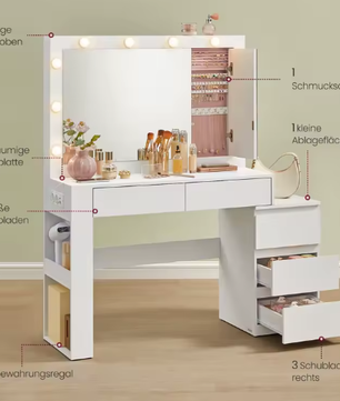 Kaptafel met LED-verlichting – Spiegel, Sieradenkast en Stopcontactstrip, 40x125x140cm