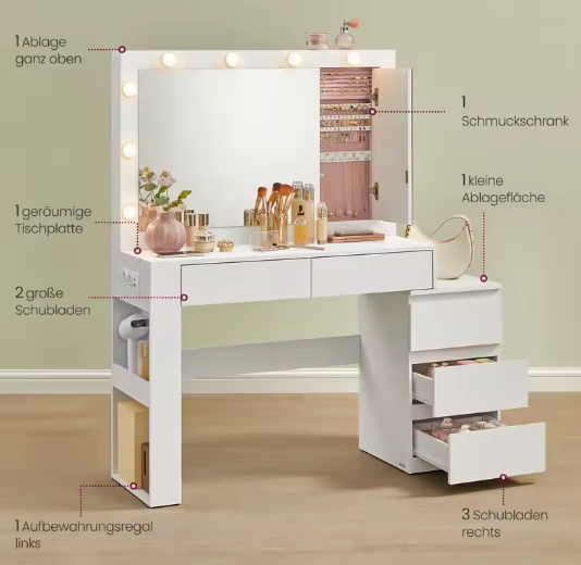 Kaptafel met LED-verlichting – Spiegel, Sieradenkast en Stopcontactstrip, 40x125x140cm
