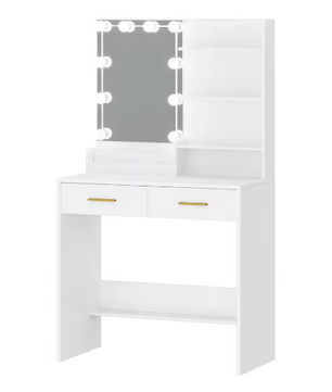 Kaptafel met LED-verlichting – Spiegel, 2 Lades, 4 Planken en 2 Vakjes, Instelbare Helderheid