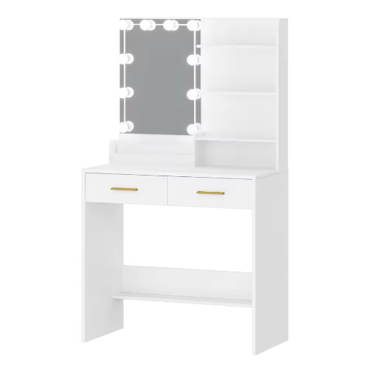 Kaptafel met LED-verlichting – Spiegel, 2 Lades, 4 Planken en 2 Vakjes, Instelbare Helderheid