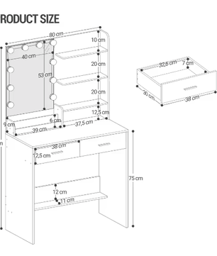 Kaptafel met LED-verlichting – Spiegel, 2 Lades, 4 Planken en 2 Vakjes, Instelbare Helderheid