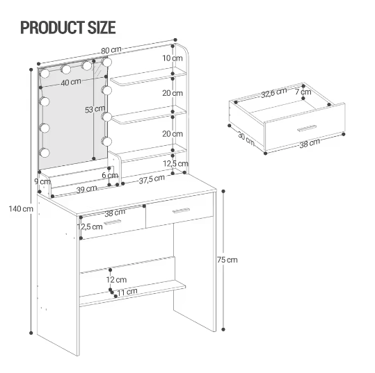 Kaptafel met LED-verlichting – Spiegel, 2 Lades, 4 Planken en 2 Vakjes, Instelbare Helderheid