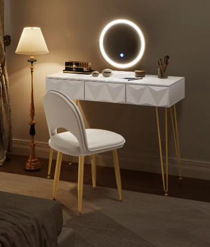 Kaptafel met LED-spiegel en Fluwelen Stoel – 360° Roterende Spiegel, 3 Lades