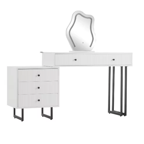 Kaptafel met LED-spiegel en Uitschuifbaar Blad – 5 Lades, 3 Lichtkleuren, 76×100×40 cm