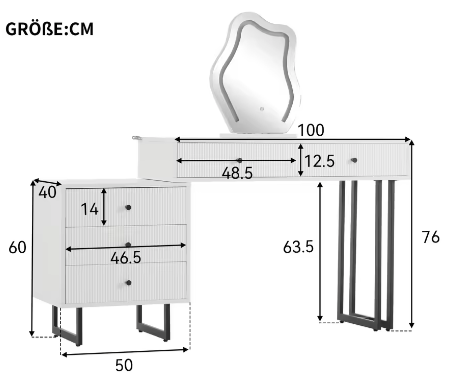 Kaptafel met LED-spiegel en Uitschuifbaar Blad – 5 Lades, 3 Lichtkleuren, 76×100×40 cm