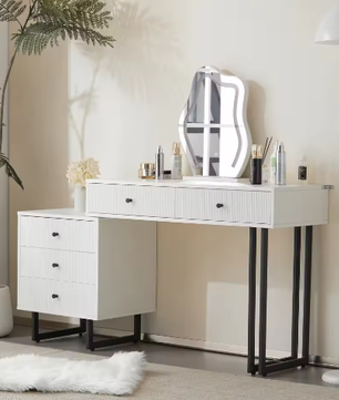 Kaptafel met LED-spiegel en Uitschuifbaar Blad – 5 Lades, 3 Lichtkleuren, 76×100×40 cm