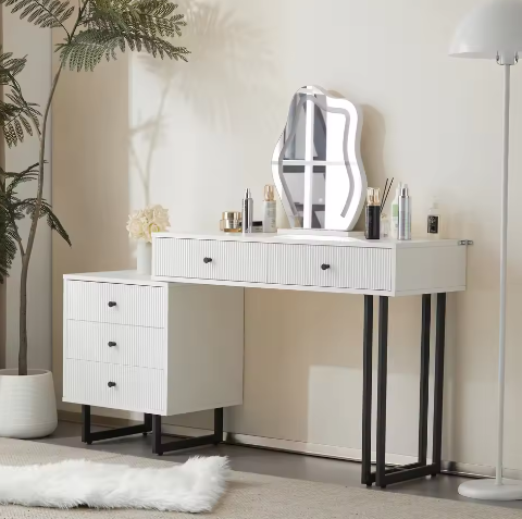 Kaptafel met LED-spiegel en Uitschuifbaar Blad – 5 Lades, 3 Lichtkleuren, 76×100×40 cm
