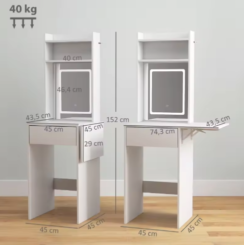 Compacte Kaptafel met LED Spiegel en Opvouwbaar Tafelblad