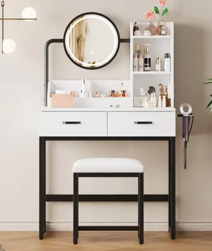 Moderne make-uptafel met LED-verlichting, kruk en zwarte metalen poten – 2 lades + 2 open opbergruimte
