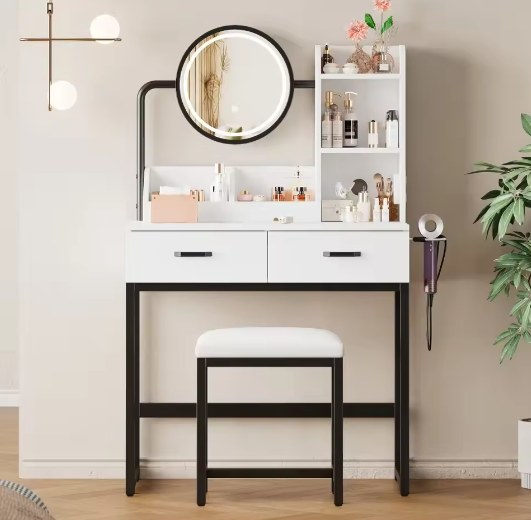 Moderne make-uptafel met LED-verlichting, kruk en zwarte metalen poten – 2 lades + 2 open opbergruimte