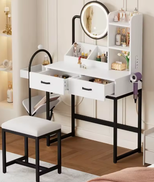 Moderne make-uptafel met LED-verlichting, kruk en zwarte metalen poten – 2 lades + 2 open opbergruimte