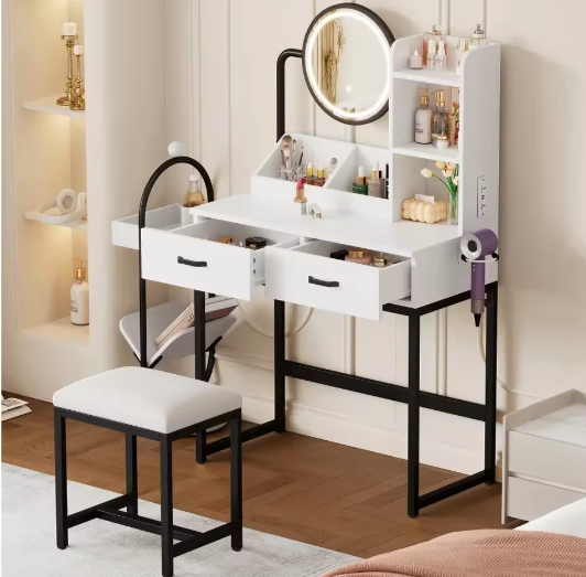 Moderne make-uptafel met LED-verlichting, kruk en zwarte metalen poten – 2 lades + 2 open opbergruimte