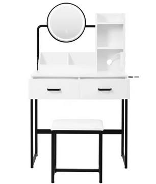 Moderne make-uptafel met LED-verlichting, kruk en zwarte metalen poten – 2 lades + 2 open opbergruimte