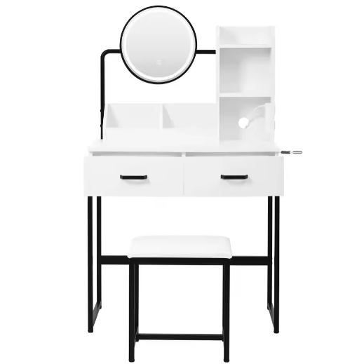Moderne make-uptafel met LED-verlichting, kruk en zwarte metalen poten – 2 lades + 2 open opbergruimte