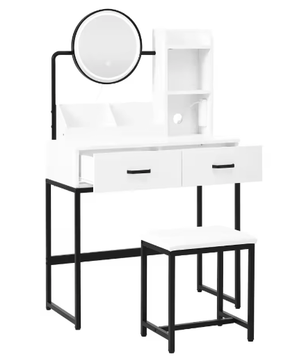 Moderne make-uptafel met LED-verlichting, kruk en zwarte metalen poten – 2 lades + 2 open opbergruimte
