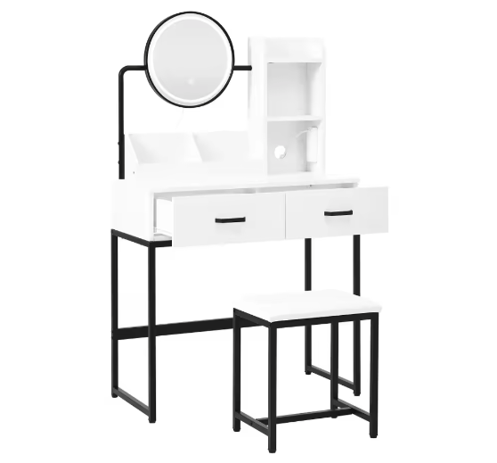 Moderne make-uptafel met LED-verlichting, kruk en zwarte metalen poten – 2 lades + 2 open opbergruimte
