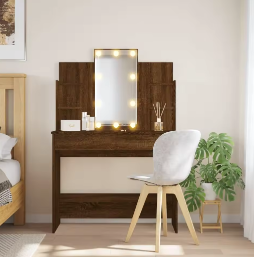 LED Make-up Kaptafel Bruin Eiken – 96x40x142 cm, Modern en Stijlvol