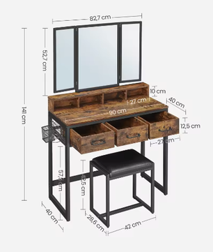 Kaptafel met Inklapbare Spiegel en Kruk – Föhnhouder en Opbergruimte