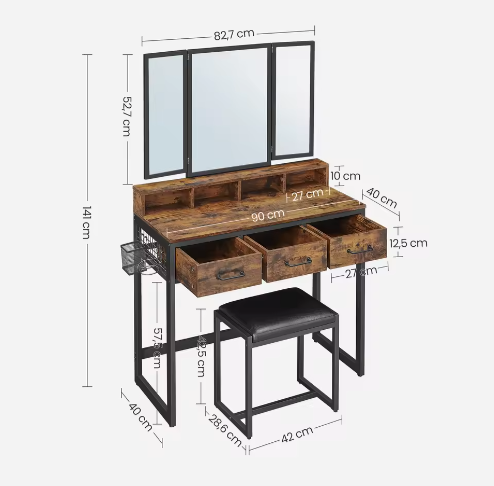 Kaptafel met Inklapbare Spiegel en Kruk – Föhnhouder en Opbergruimte